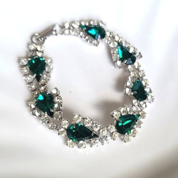 Vintage 50s Sterling Silver Jay Flex Emerald Green Crystal Rhinestone Bracelet - Picture 1 of 11